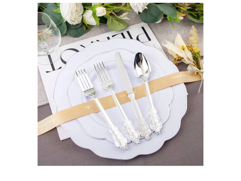 NOCCUR White and Silver plastic Dinnerware.