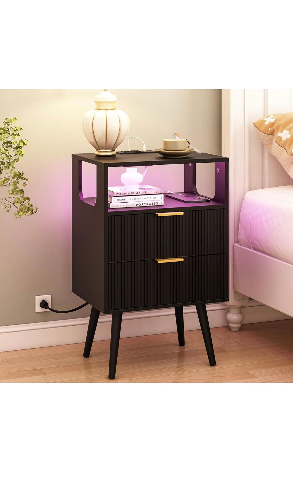 Black nightstand with charging station and led lights
