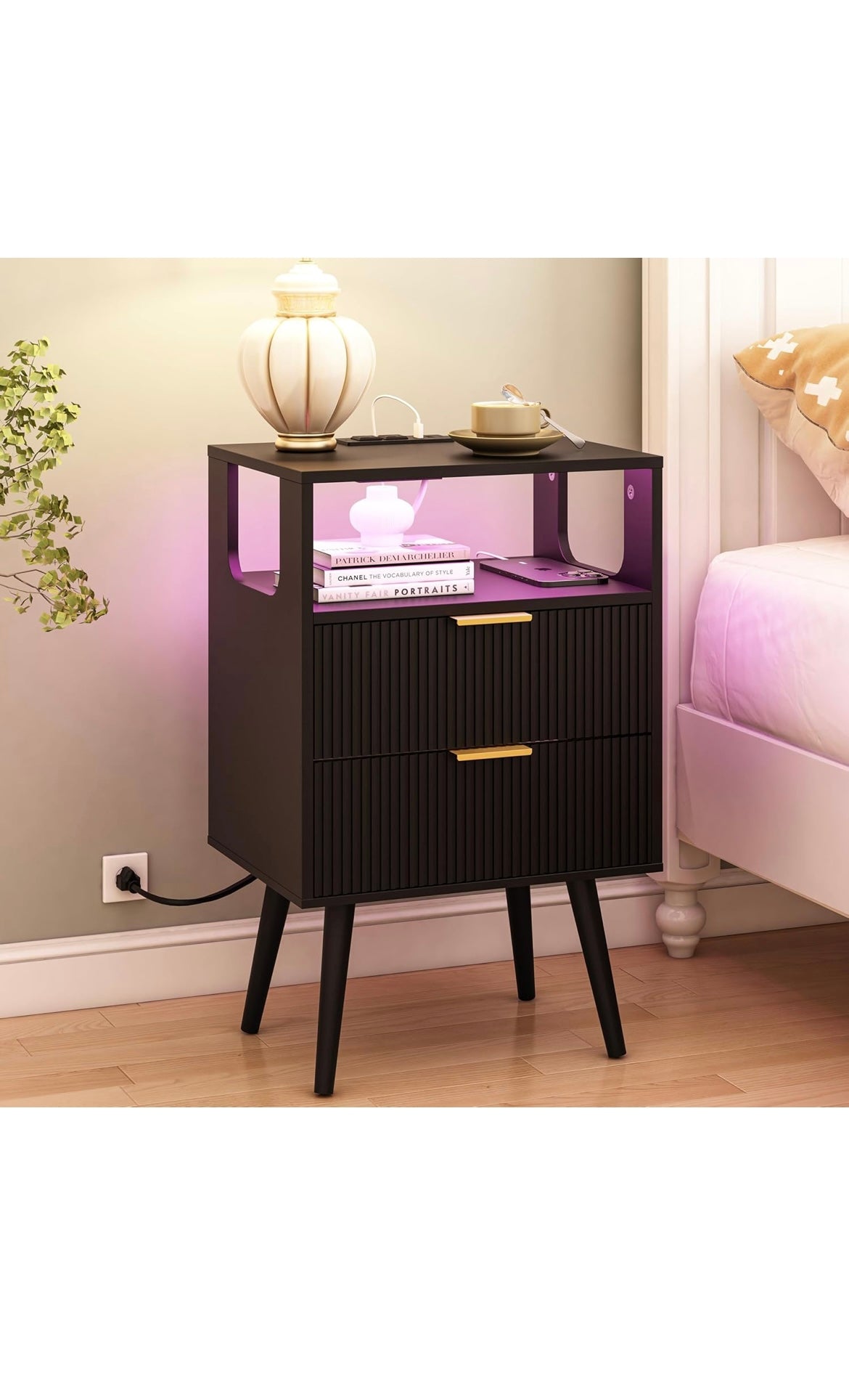 Black nightstand with charging station and led lights