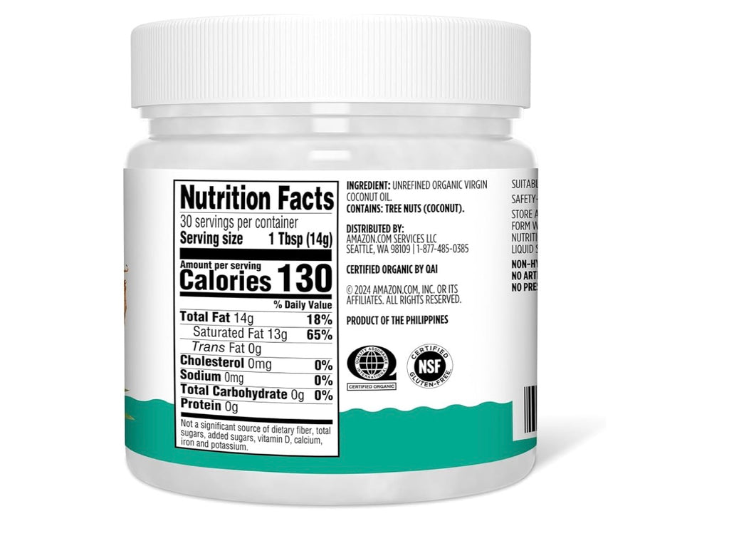 Amazon Grocery, Organic Virgin Coconut Oil, Non GMO, 15 Fl Oz. Best by May 2028.