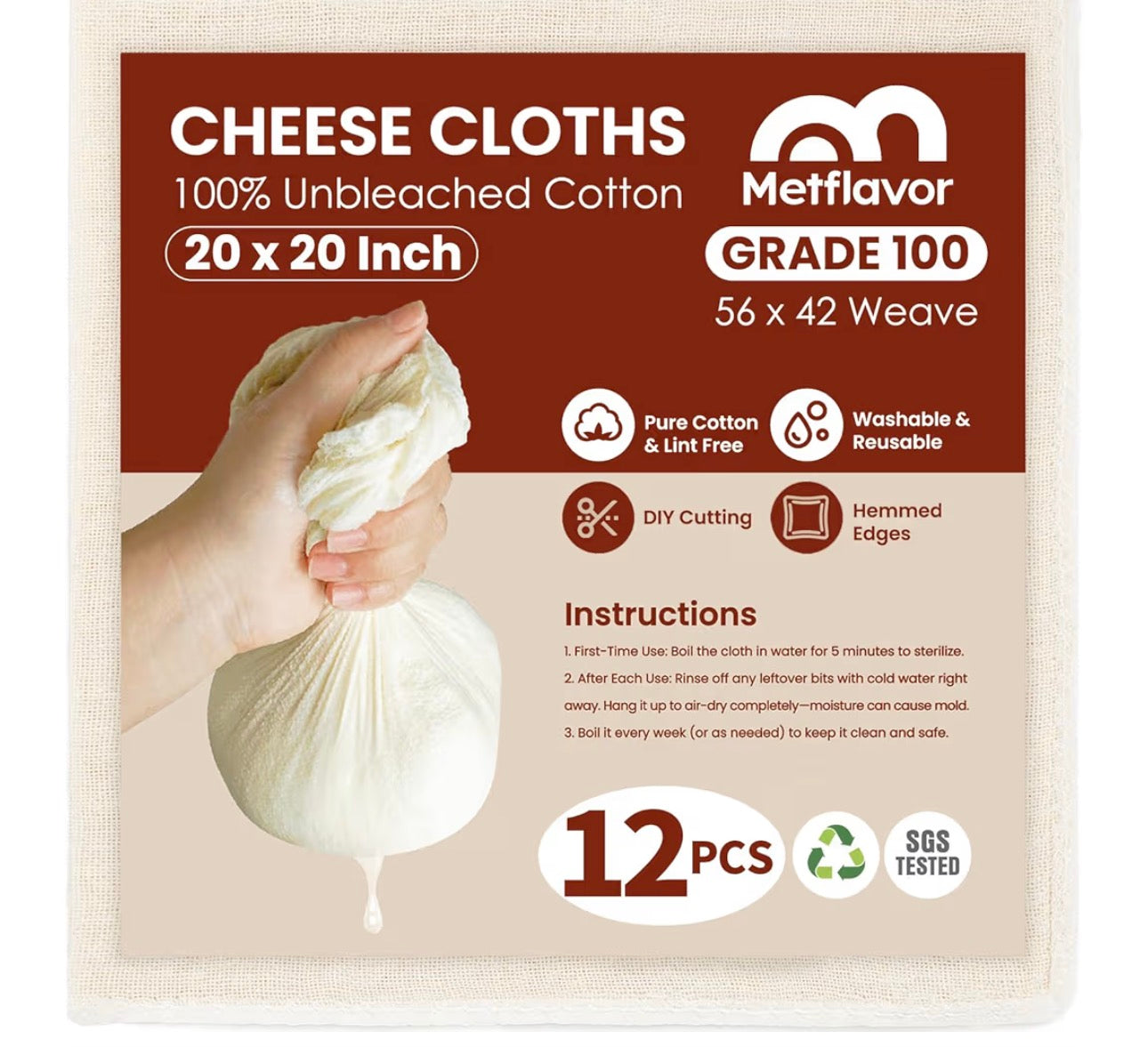 10 PCS Reusable Cheesecloth, Grade 100, 20x20 Inch Hemmed Cheese Cloth for Straining Craft, 100% Cotton Unbleached Cloth Strainer for Cooking, Baking, Juicing, Cheese Making