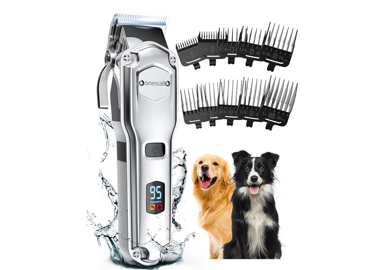 Oneisall Dog Clippers for Grooming for Thick Heavy Coats/Low Noise Rechargeable Cordless Pet Shaver with Detachable Stainless Steel Blade/Waterproof Dog Shaver for Dogs Pets and Animals (Silver)