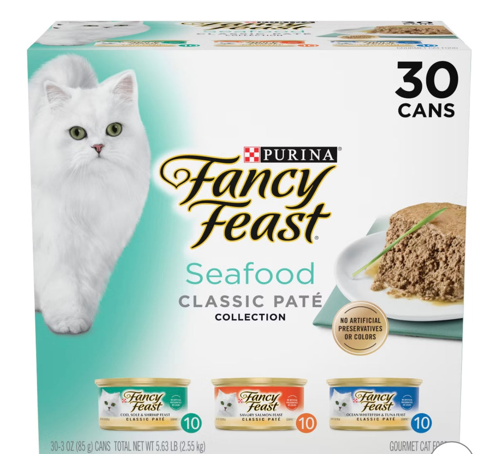 Purina Fancy Feast Seafood Classic Paté Variety Pack Tuna, Salmon, Fish & Shrimp Flavor Wet Cat Food Cans - 3oz/30ct.