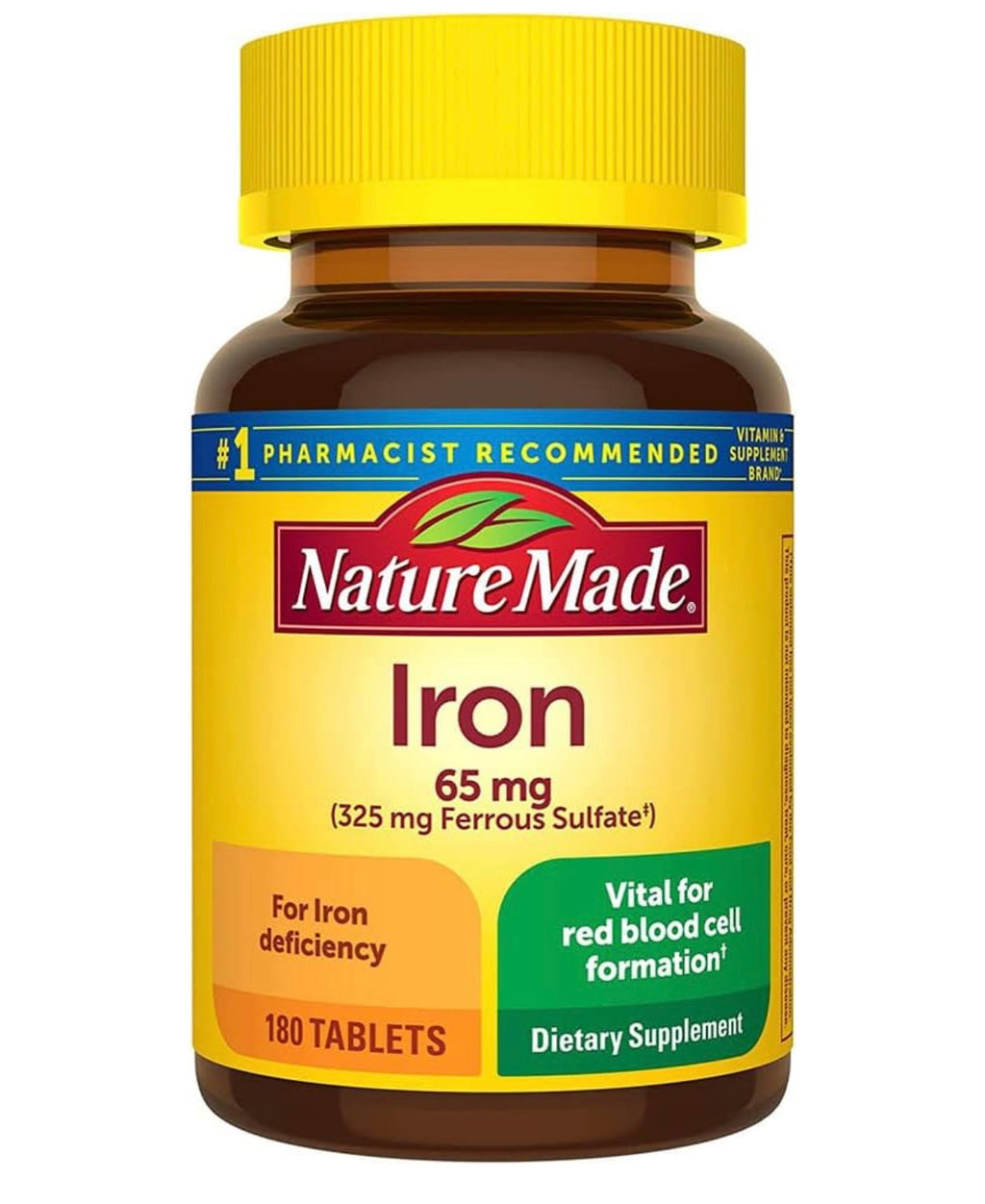 Nature Made Iron 65 mg(325 mg Ferrous Sulfate) ablets Dietary Supplement for Red Blood Cell Support 180 Tablets (Pack of 1. Exp April 2028.