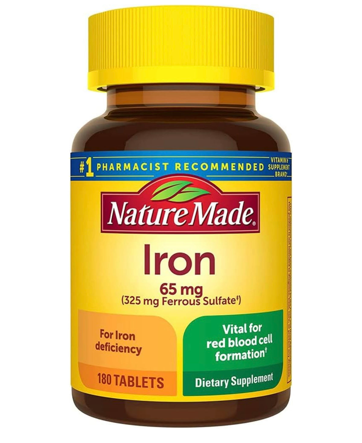 Nature Made Iron 65 mg(325 mg Ferrous Sulfate) ablets Dietary Supplement for Red Blood Cell Support 180 Tablets (Pack of 1. Exp April 2028.