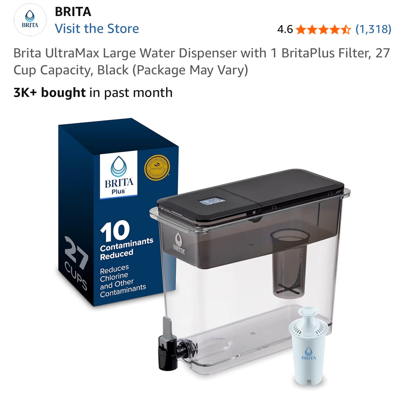Brita UltraMax Large Water Dispenser with 1 BritaPlus Filter, 27 Cup Capacity, Black (Package May Vary)
3K+ bought in past month