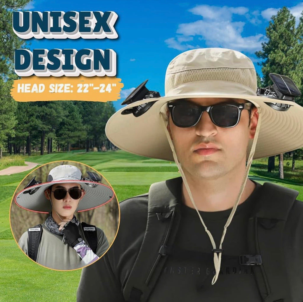 Outdoor Wide Brim Sun Hat with 2 Solar Fan Sun Bucket Hat for Men Women UPF 50+ Bucket Fishing & Beach Hat with Fan Built in