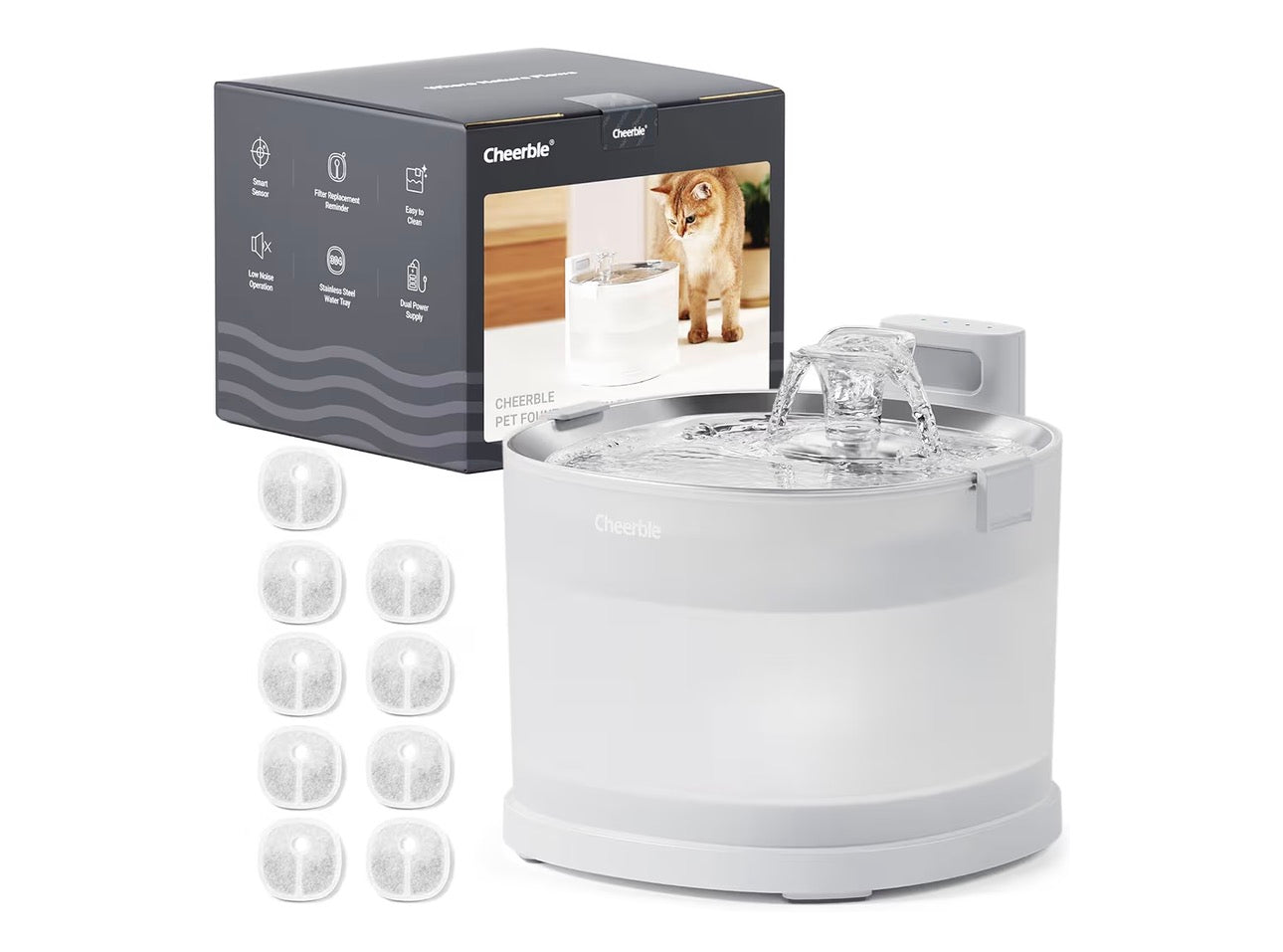 Cheerble Pumpless Pet Fountain Elfin E1+ with 9 Extra Filters, Wireless Pet Fountain Battery Operated, 2L/67oz E1+ Automatic Water Dispenser Cats & Dogs MagDrive™ Technology No Cleaning Hassle