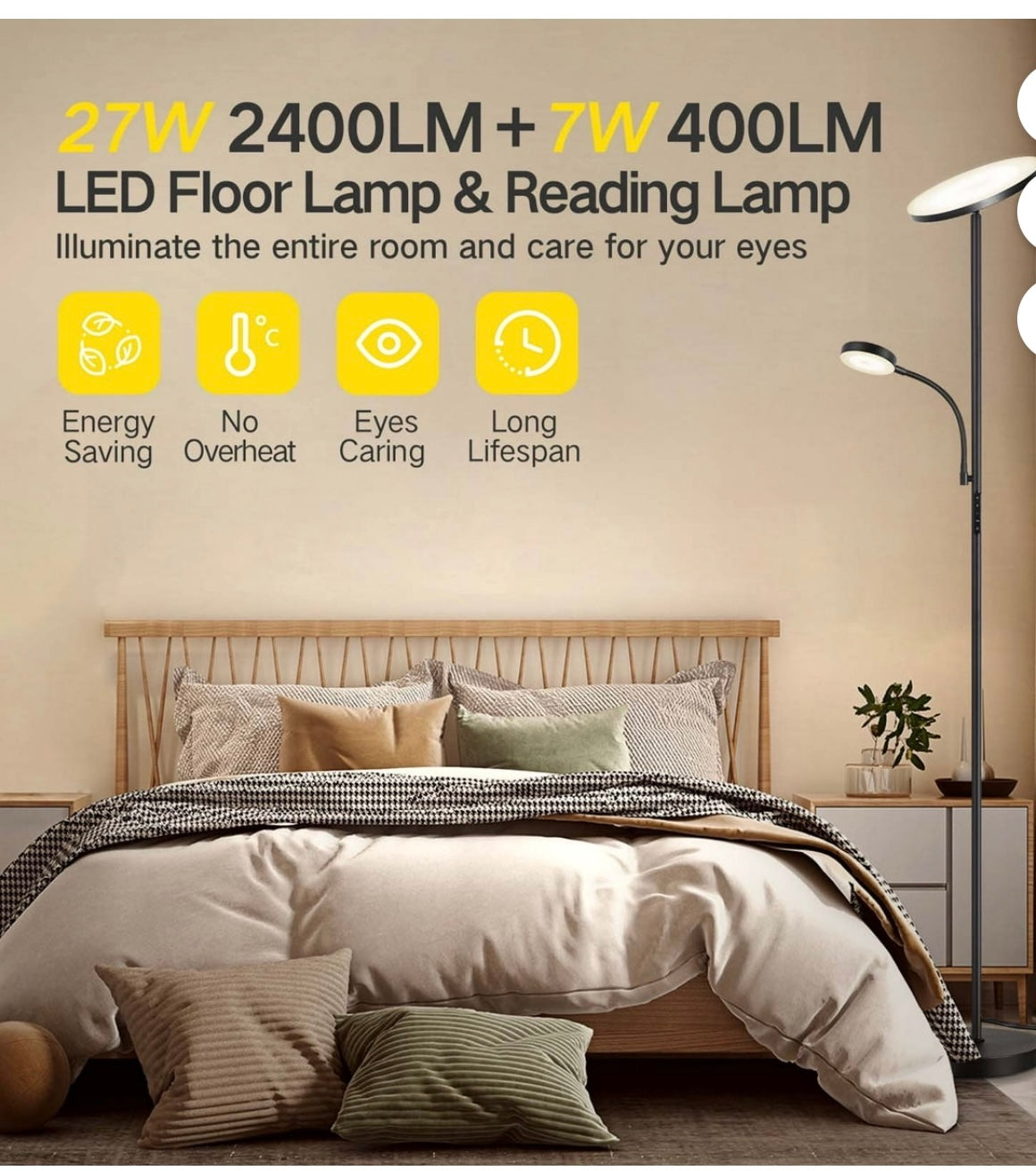 LED Torchiere Floor Lamp With Reading Light.
