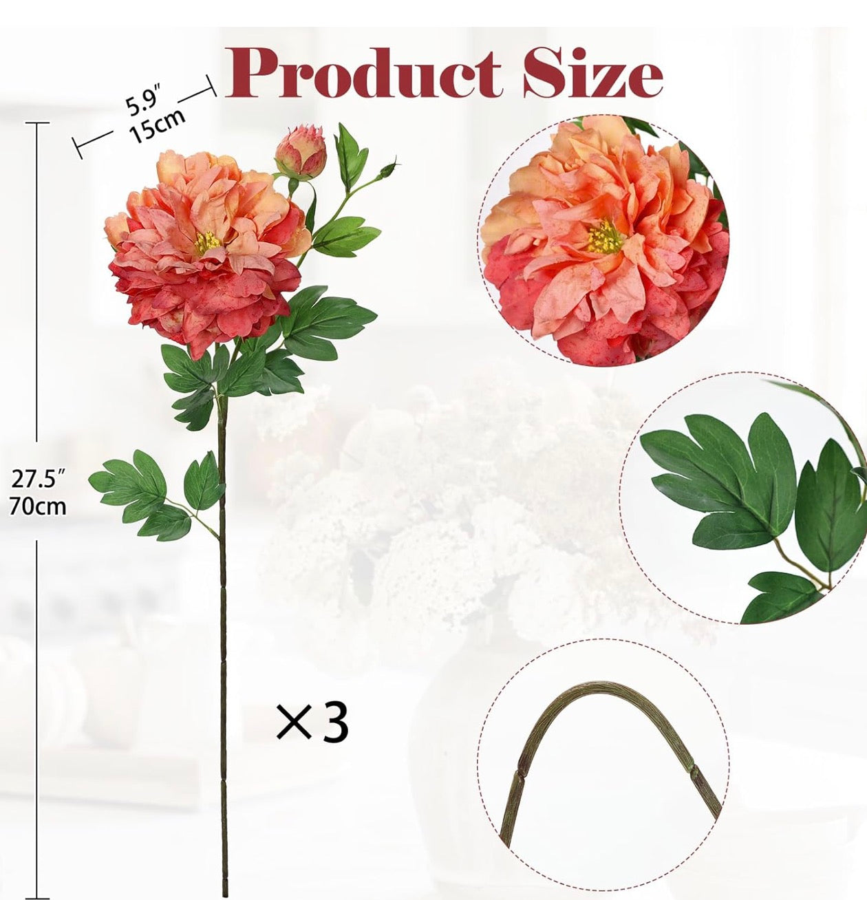 Orange Peonies Artificial Flowers 3Pcs Fall Flowers for Fall Decoration 27.5" Real Touch Silk Faux Peony Flower with Long Stems for Home Autumn Floral Arrangement Vase Table Centerpieces Bouquet Decor