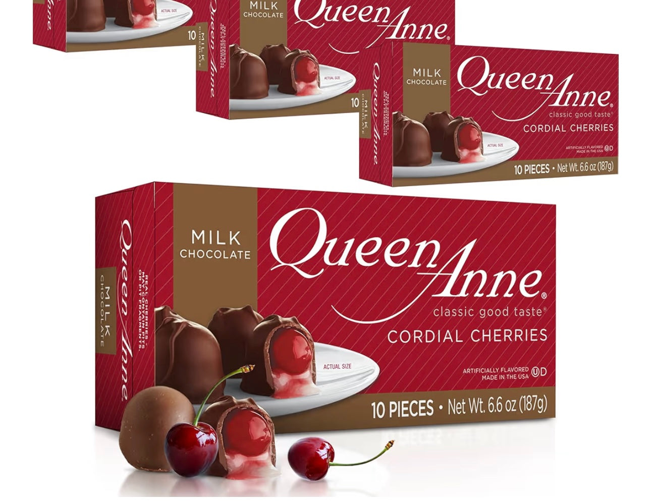 Case of Queen Anne milk, chocolate, cordial cherries. 12 Boxes
