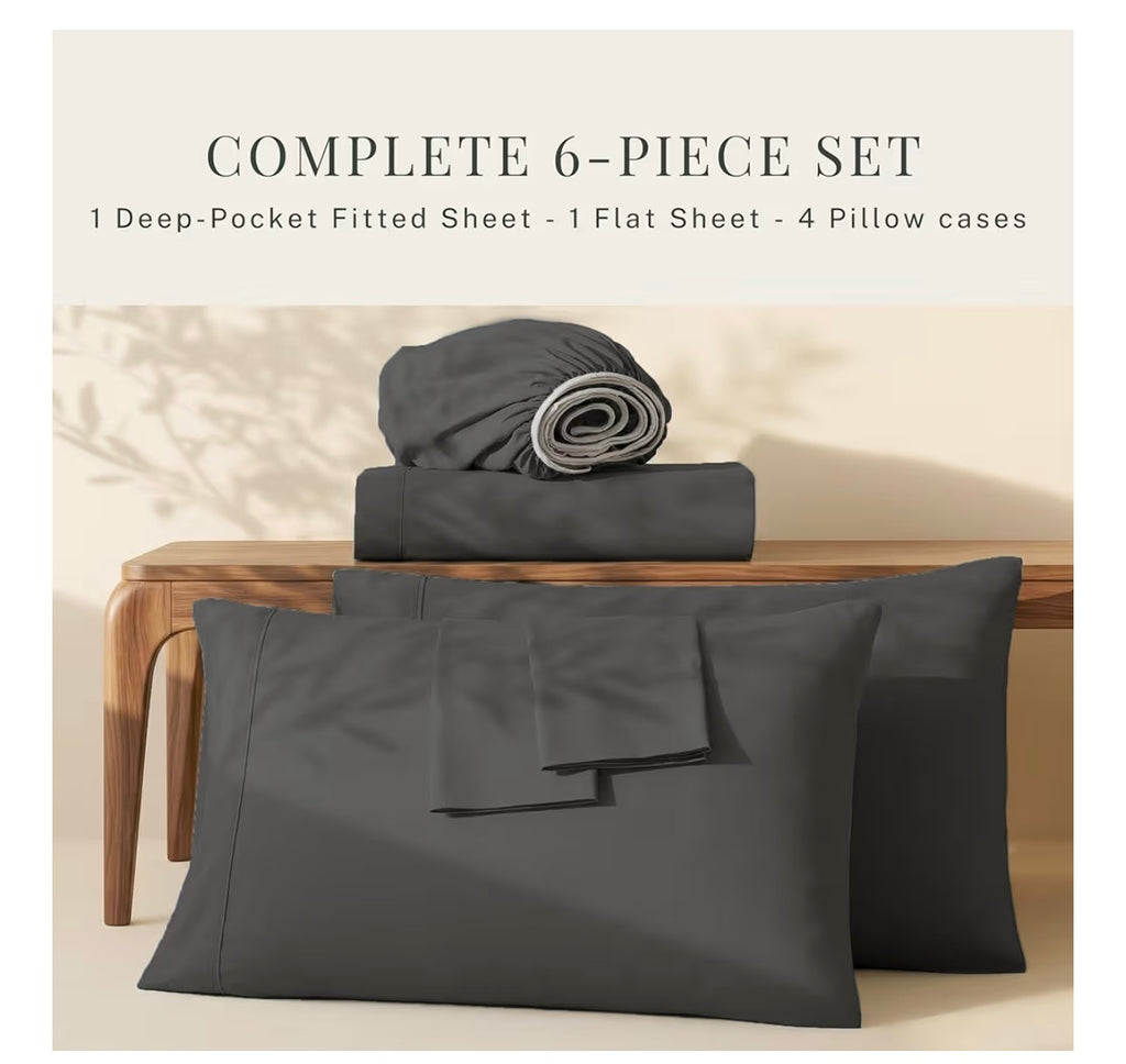 Hearth & Harbor Extra Deep Pocket King Size Sets - Fits Mattress up to 21 Inches Deep - Extra Deep Pocket Sheets - 6 Piece King Size - Grey