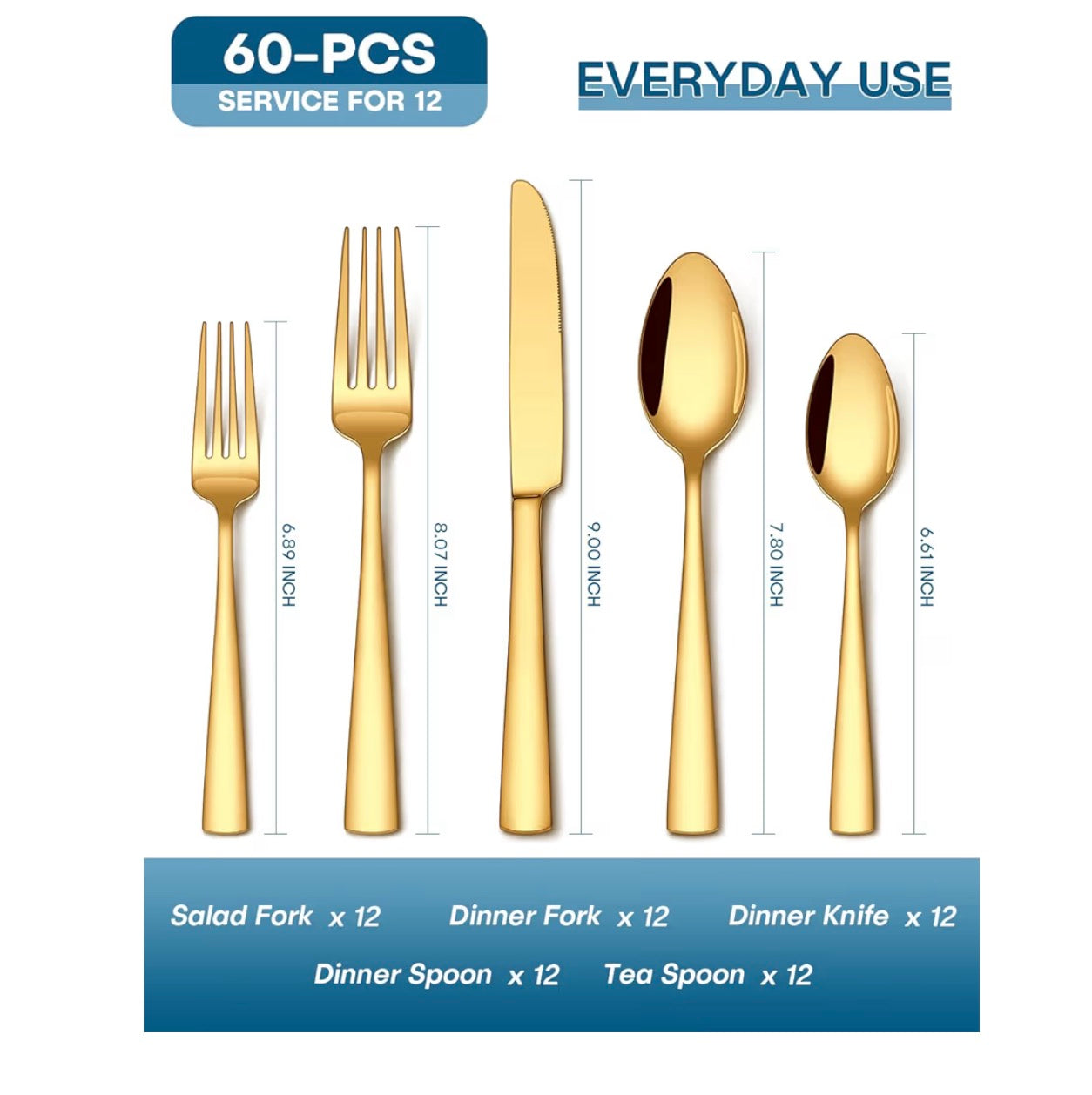 60 Pcs Gold Silverware Set, Food-Grade Stainless Steel Flatware Sets for 12 Mirror Polished Cutlery Utensil Sets Include Dinner Knives Spoons and Forks Set Dishwasher Safe for Home Restaurant