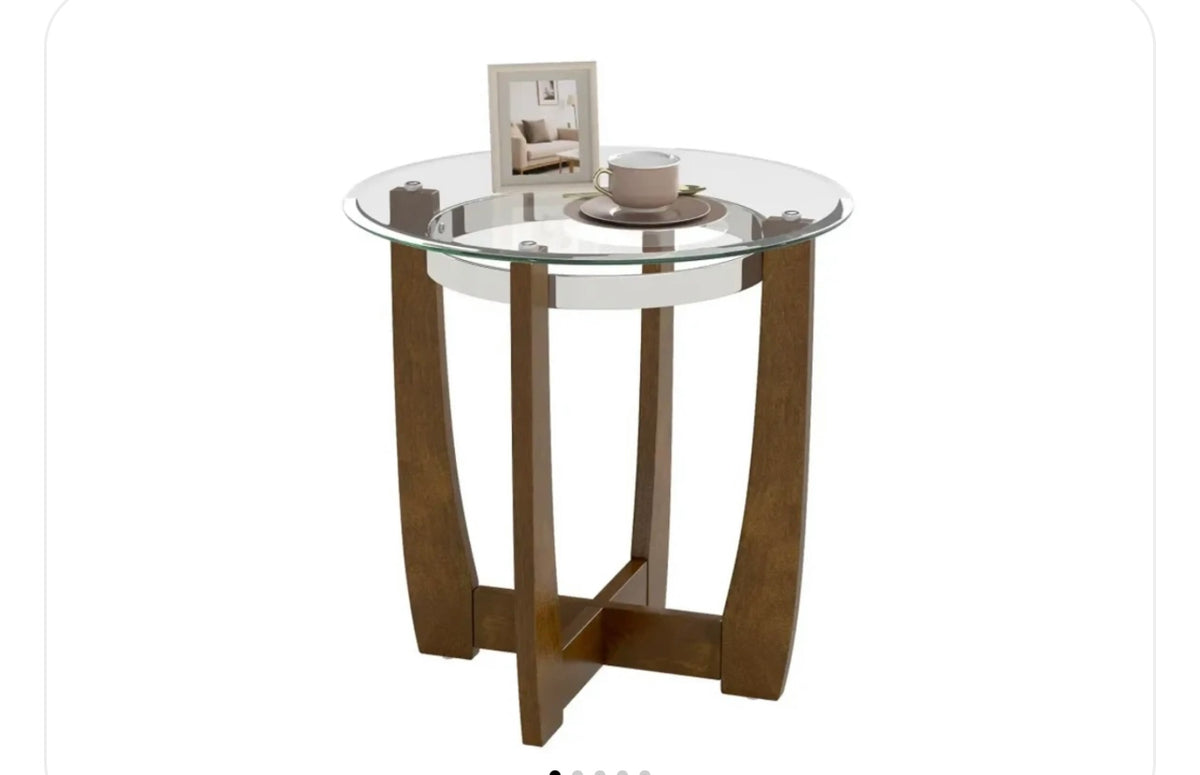 24 Inches Round Side Table with Tempered Glass Top and Solid Rubber Wood Base. Assembly Required.