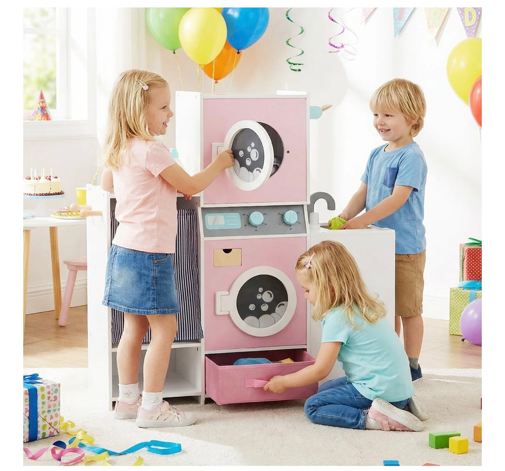 Wooden Kids Laundry Playset with Laundry Detergent Bottle and Clothes Hangers. Assembly Required.