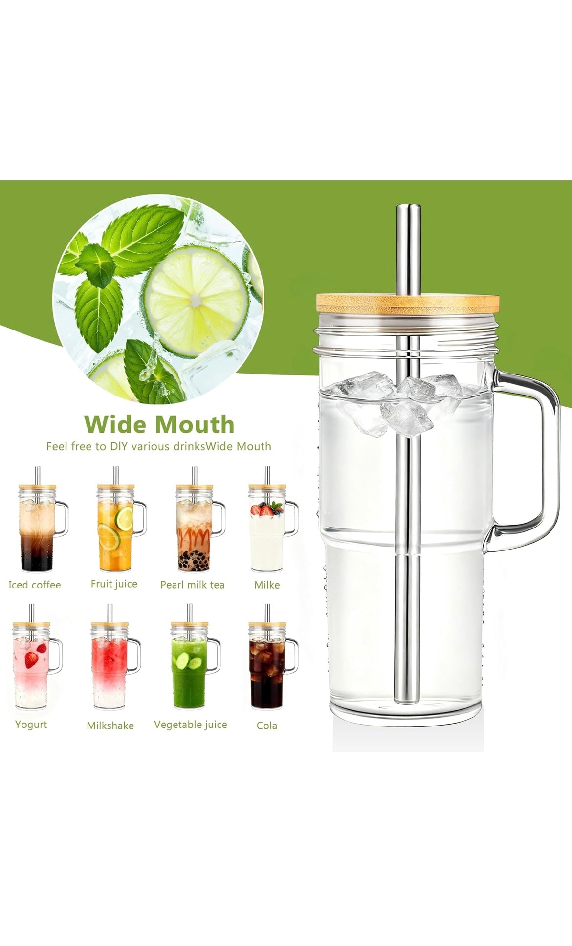Birity glass cups with lids and straws