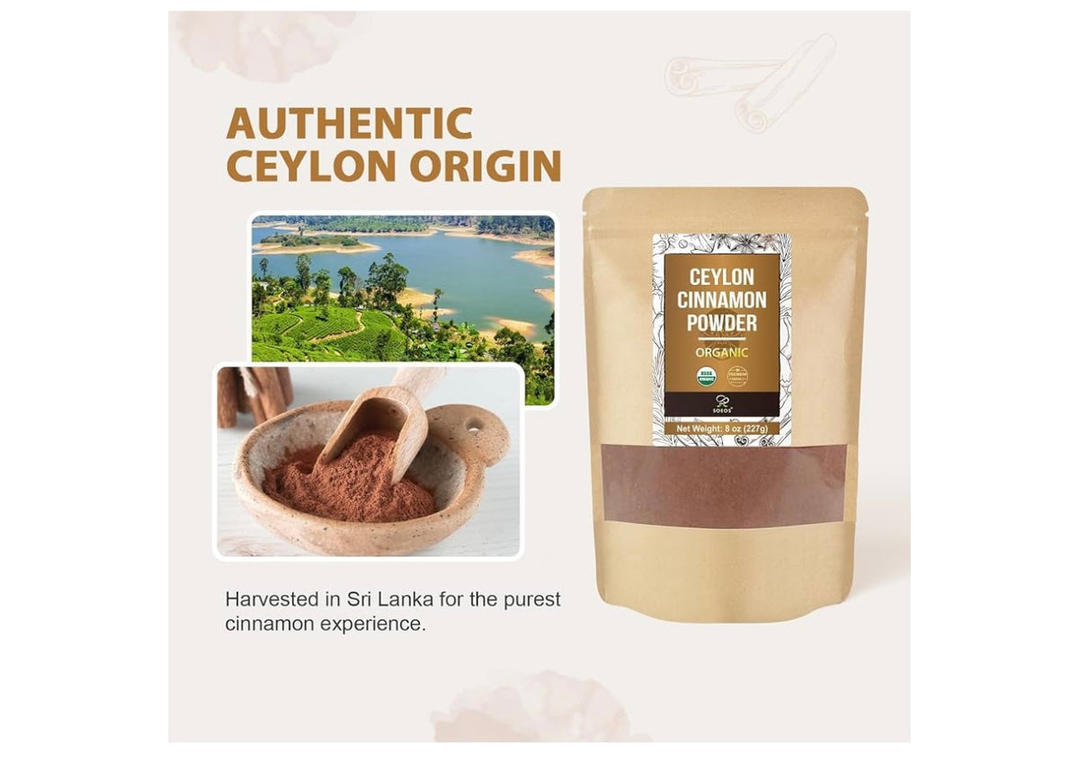 Soeos Organic Ceylon Cinnamon Powder, 227g (8oz), Premium Ground Cinnamon, Non-GMO, Gluten-Free, Freshly Packed.