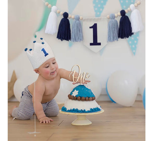 1st Birthday Decoration Blue And White High Chair Banner For Boy No.1 Crown Cake Topper First Birthday Party Decorations