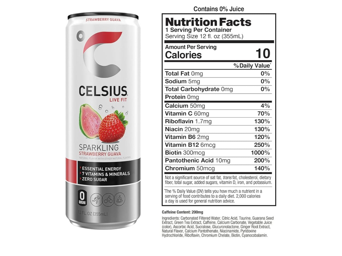 CELSIUS Sparkling Strawberry Guava, Functional Essential Energy Drink 12 Fl Oz (Pack of 12).