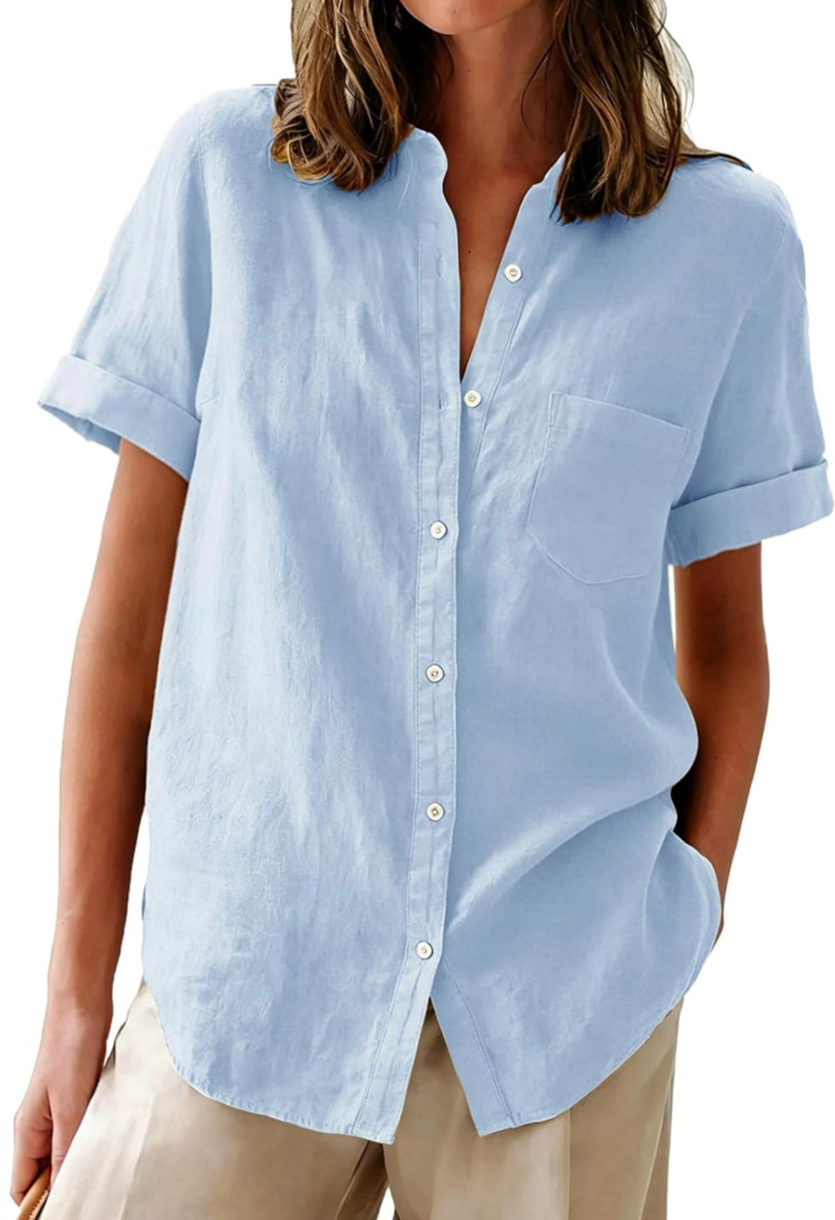 Aoudery Womens Button Down Shirts Short Sleeve Summer Oxford V Neck Collared Button Up Casual Blouses Tops with Pocket
