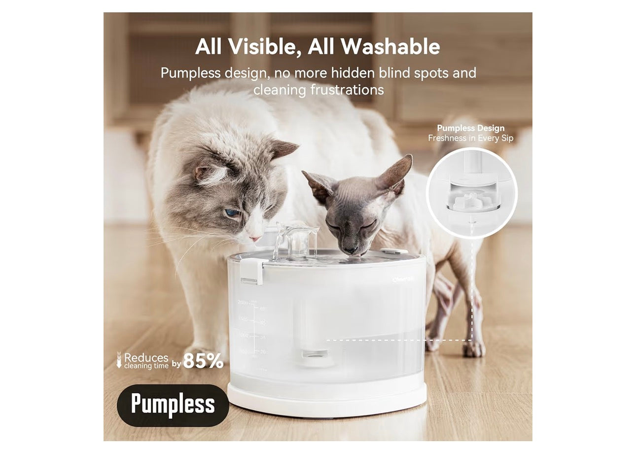 Cheerble Pumpless Pet Fountain Elfin E1+ with 9 Extra Filters, Wireless Pet Fountain Battery Operated, 2L/67oz E1+ Automatic Water Dispenser Cats & Dogs MagDrive™ Technology No Cleaning Hassle