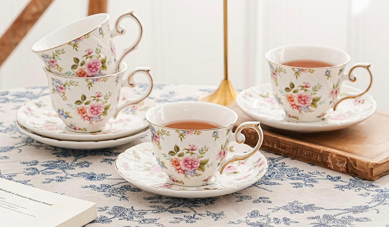 Tea cups and saucers ceramic coffee mug 6oz for Coffee, Latte, Cafe Mocha and Tea-Set of 4, white with flowers