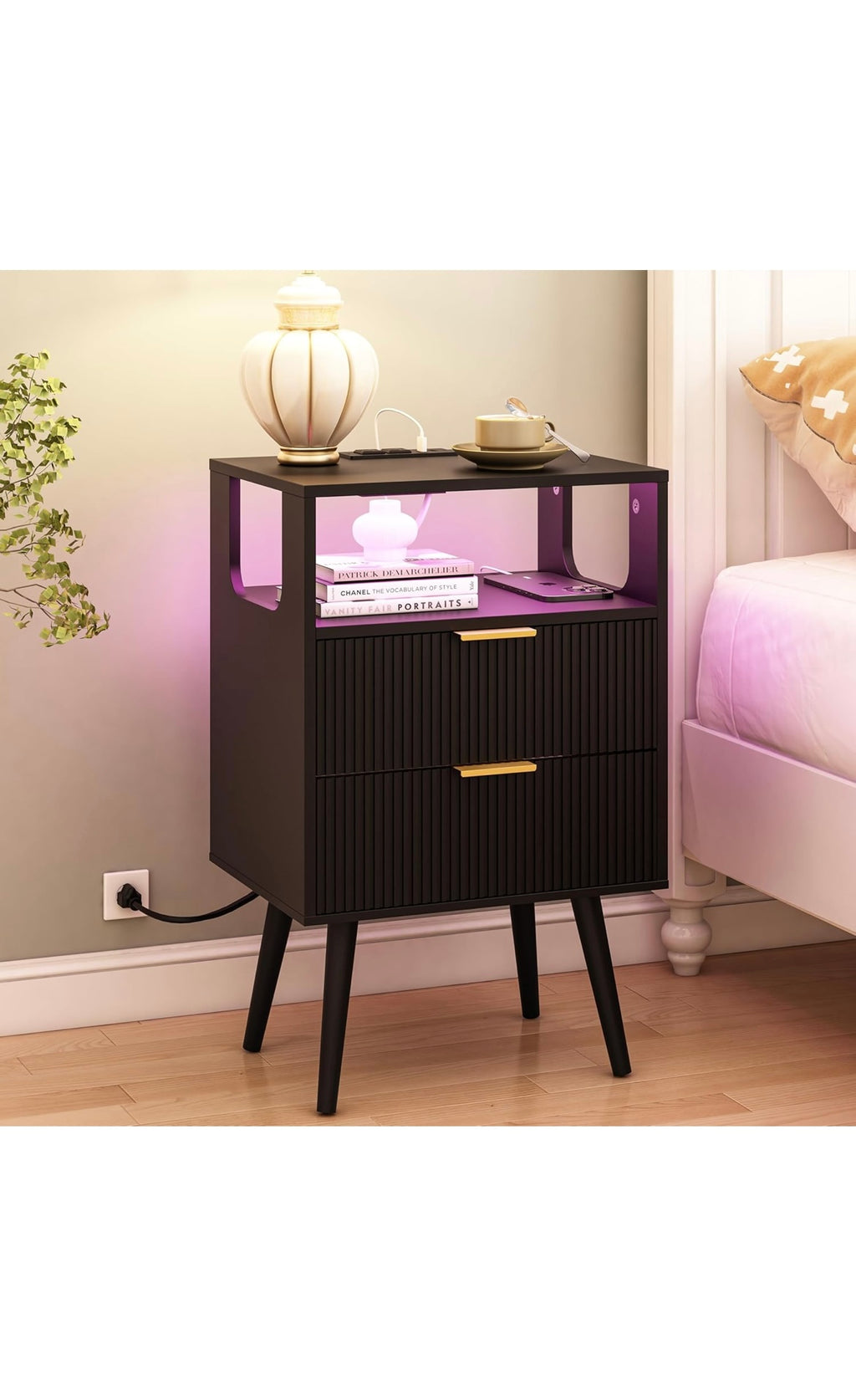 Black nightstand with charging station