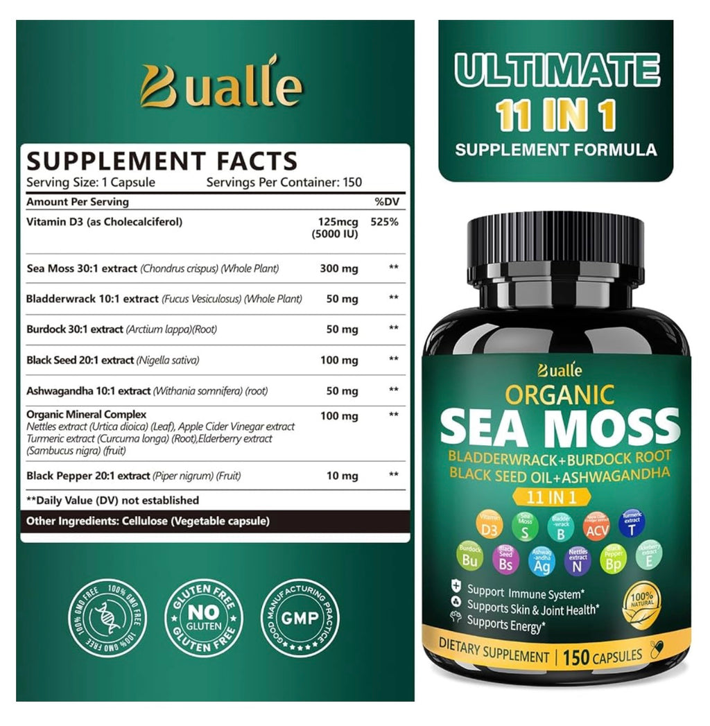 Organic Sea Moss Capsules 30:1 11-in-1 Vegan, 150 Count. Exp 08/2027.