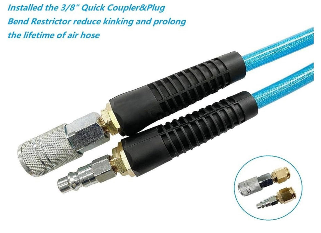 SANFU Polyurethane(PU) Reinforced 3/8”ID x 50ft Air Hose, Non-kinking with 3/8” Repaired Industrial Quick Coupler and Plug, Bend Restrictor, Transparent Blue(50’)
