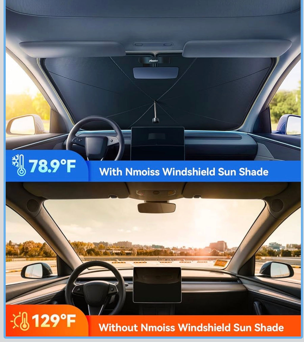 Nmoiss True Dual Layer Air Cooled Windshield Sun Shade Umbrella - [Drive to Superior Coolness & Comfort] Block 99% UV Sun Rays & Heat Damage Keep Cool and Protect Interior Nmoiss Windshield Sunshade