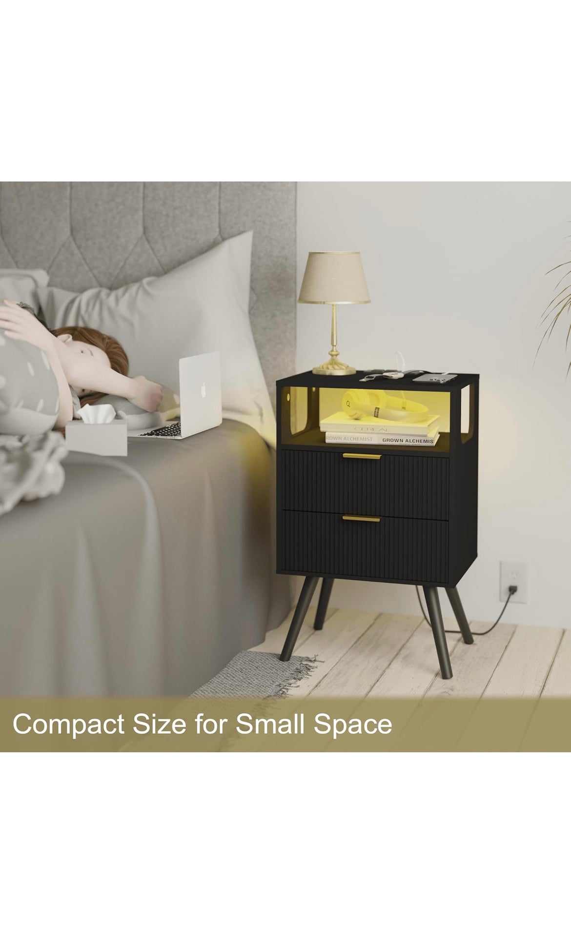 Black nightstand with charging station