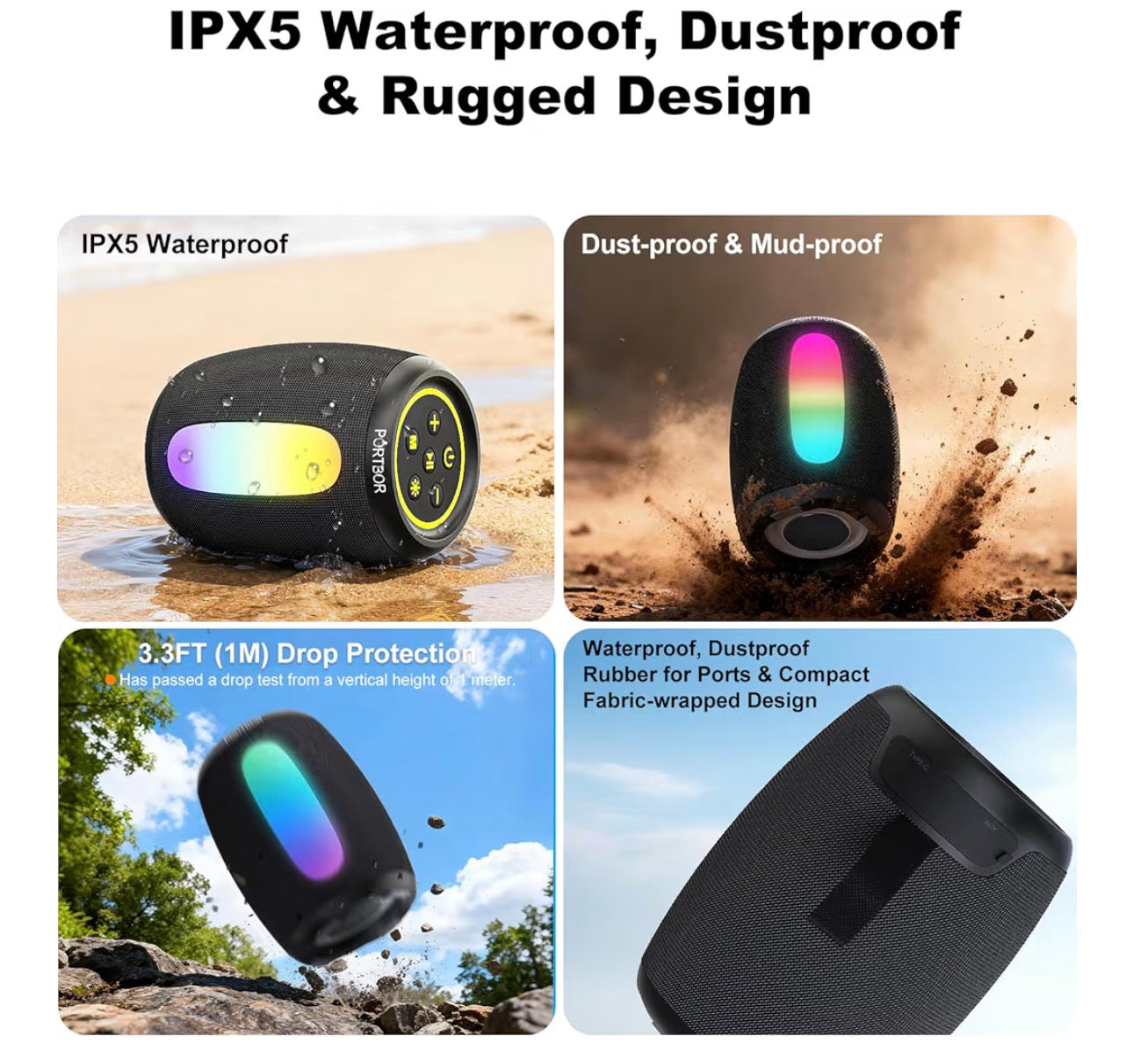 Portable Bluetooth Speaker, 2026 Powerful Stereo Loud Sound Wireless Speaker, 8 LED Modes, IPX5 Waterproof, Up to 36H Playtime, BT 5.3 with AUX, TWS Pairing, for Outdoor/Home/Party/Beach, Ideal Gifts