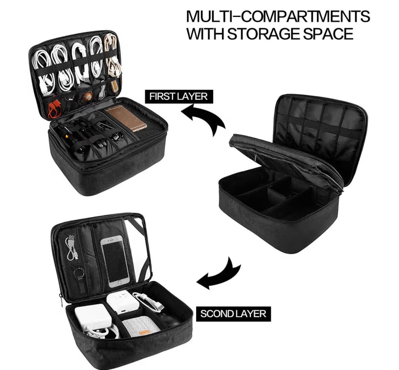 Travel Electronics Organizer, Waterproof Cable Organizer Bag for Electronic Accessories Double Layer Large Shockproof Cable Storage Bag for Cord, Power Bank, Tablet(Up to iPad 11 inch) - Black