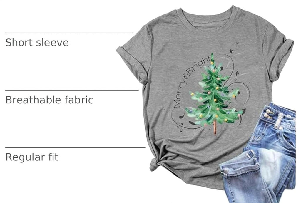 Christmas Shirts for Women Xmas Tree Graphic T Shirts Winter Merry Bright Letter Holiday Tops Tee