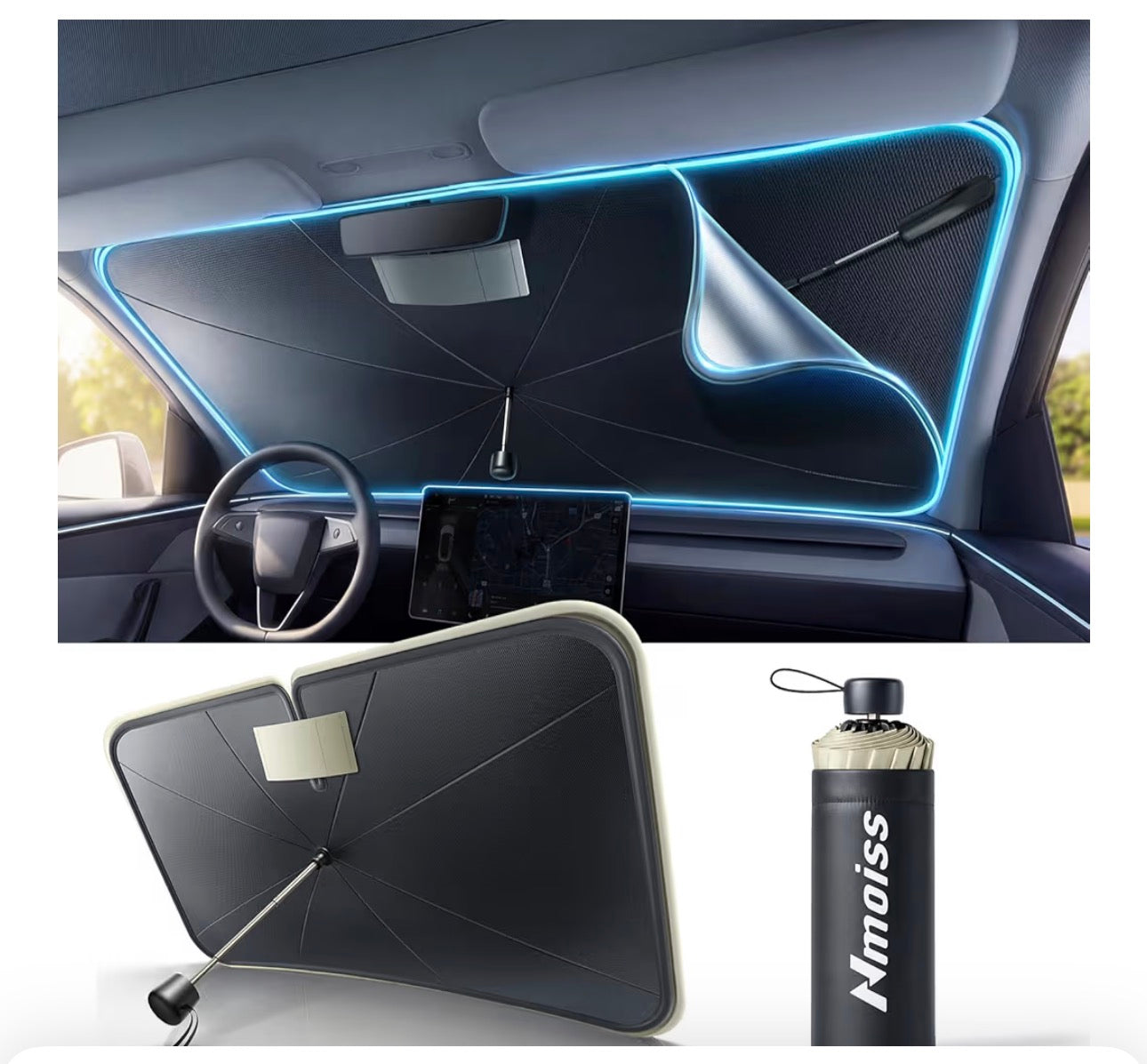 Nmoiss True Dual Layer Air Cooled Windshield Sun Shade Umbrella - [Drive to Superior Coolness & Comfort] Block 99% UV Sun Rays & Heat Damage Keep Cool and Protect Interior Nmoiss Windshield Sunshade