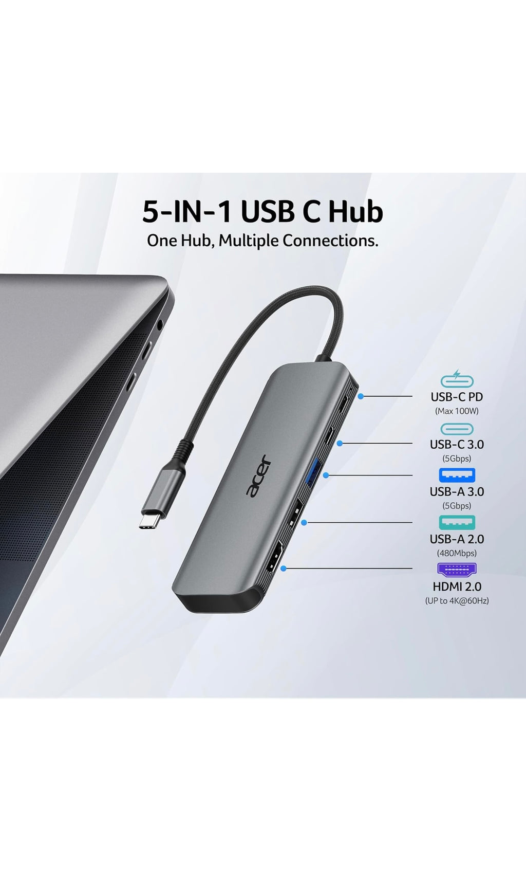 Acer usb c hub 5 in 1 usbc to hdmi adapter with 4k@60Hz