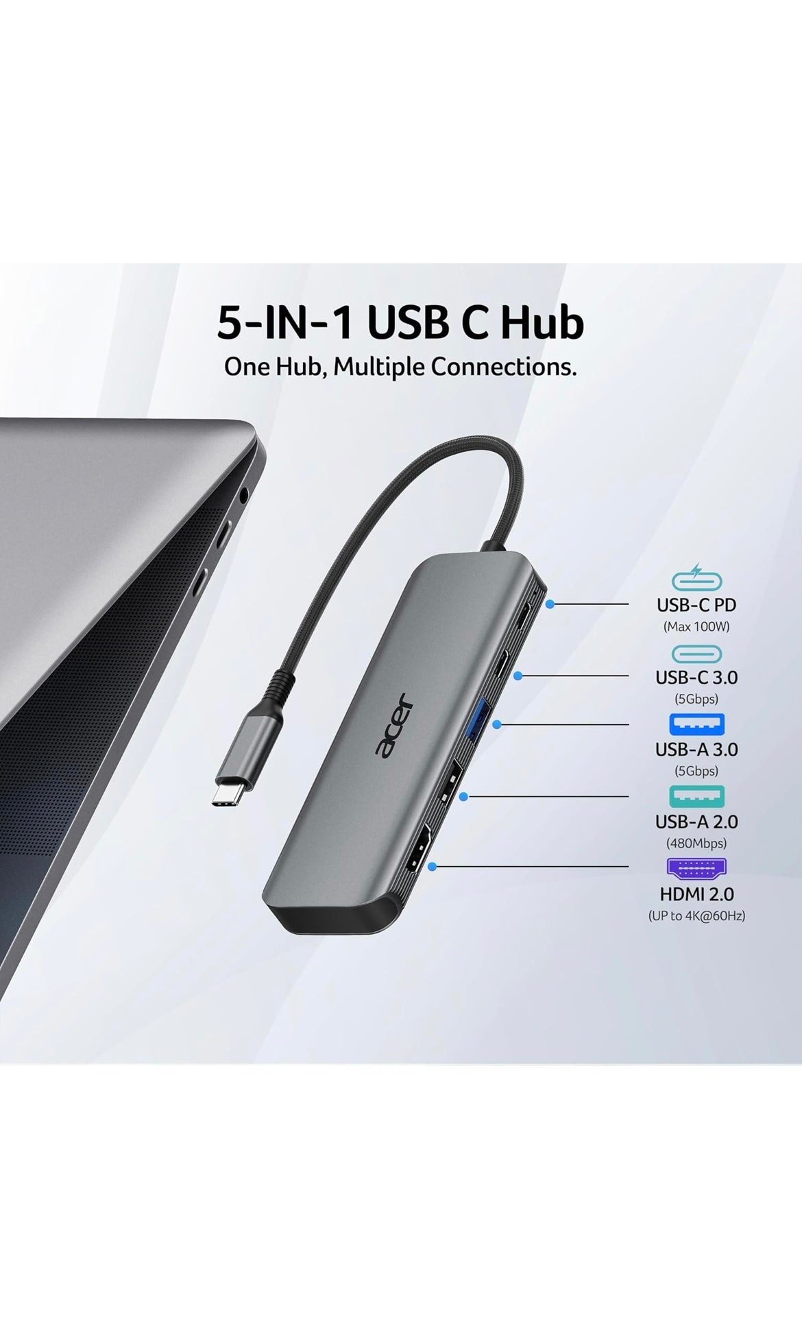 Acer usb c hub 5 in 1 usbc to hdmi adapter with 4k@60Hz