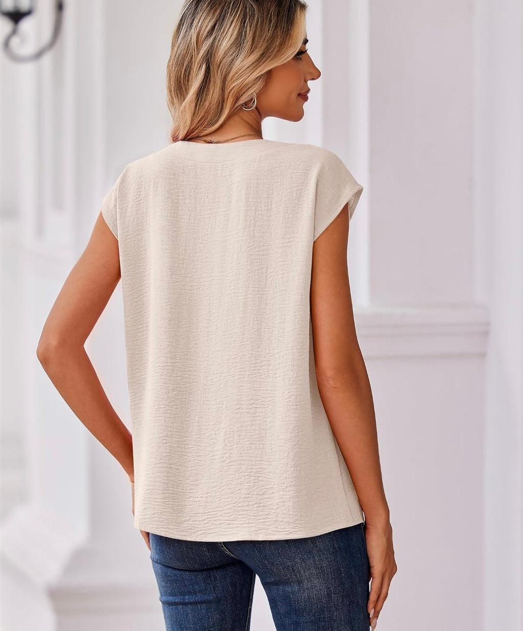 Womens Tops Cap Short Sleeve Textured Blouse V Neck Summer Shirts