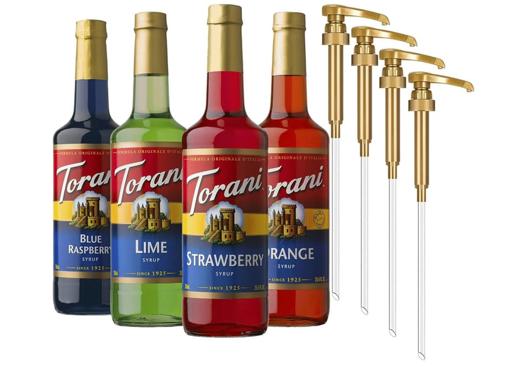 Torani Syrup, Soda Flavors 4-Pack, Pumps Included, 25.4 Fl Oz Ea
Blue Raspberry, Lime, Strawberry & Orange Flavoring for Dirty Sodas, Iced Tea & Italian Sodas. Best by October 2027.