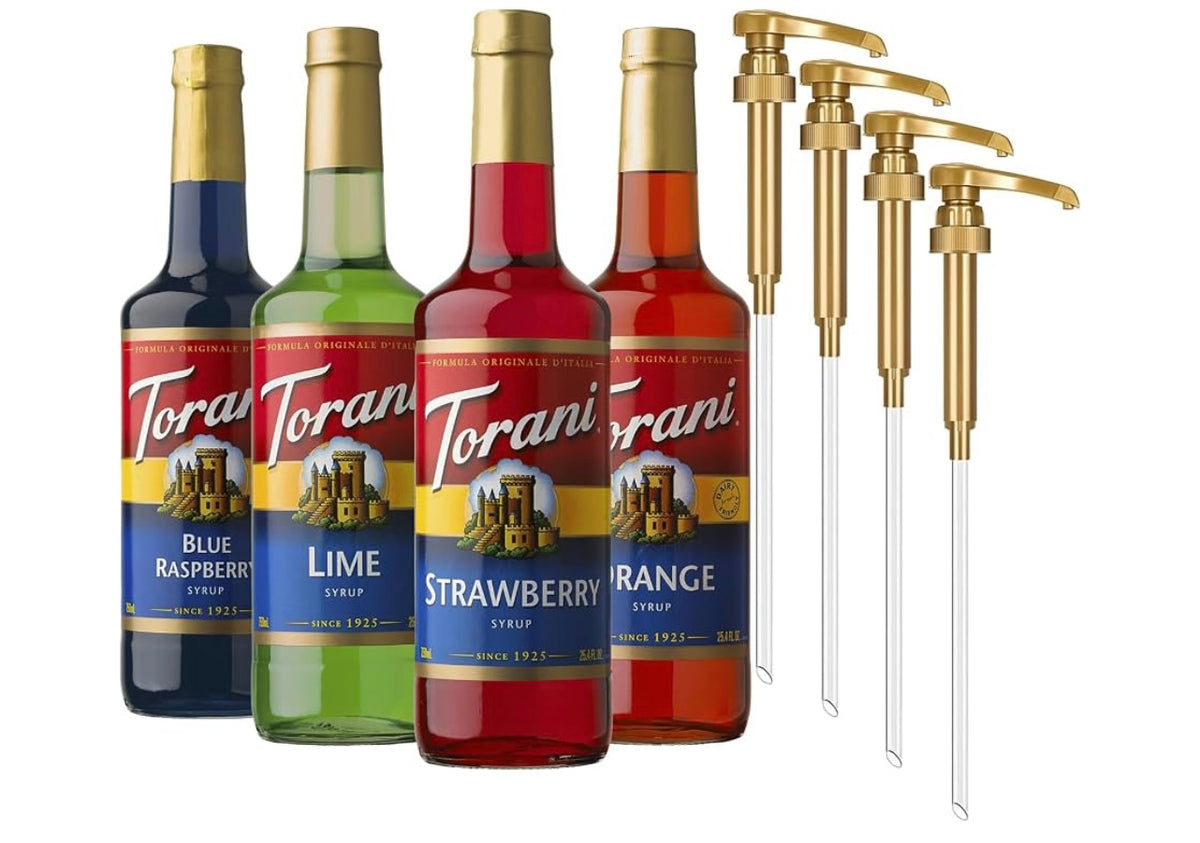Torani Syrup, Soda Flavors 4-Pack, Pumps Included, 25.4 Fl Oz Ea
Blue Raspberry, Lime, Strawberry & Orange Flavoring for Dirty Sodas, Iced Tea & Italian Sodas. Best by October 2027.