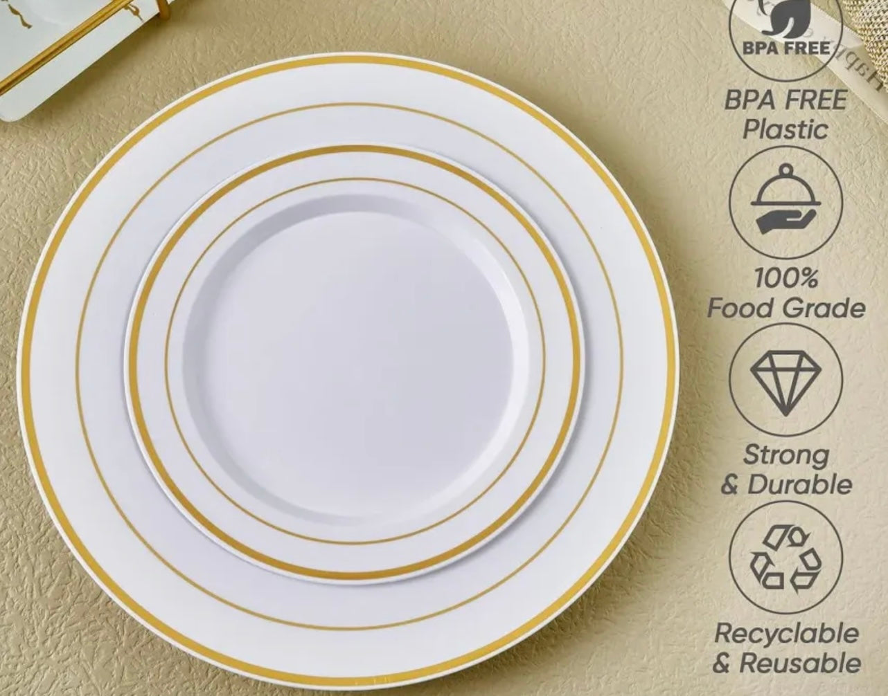 102 piece gold rim plastic plate set.