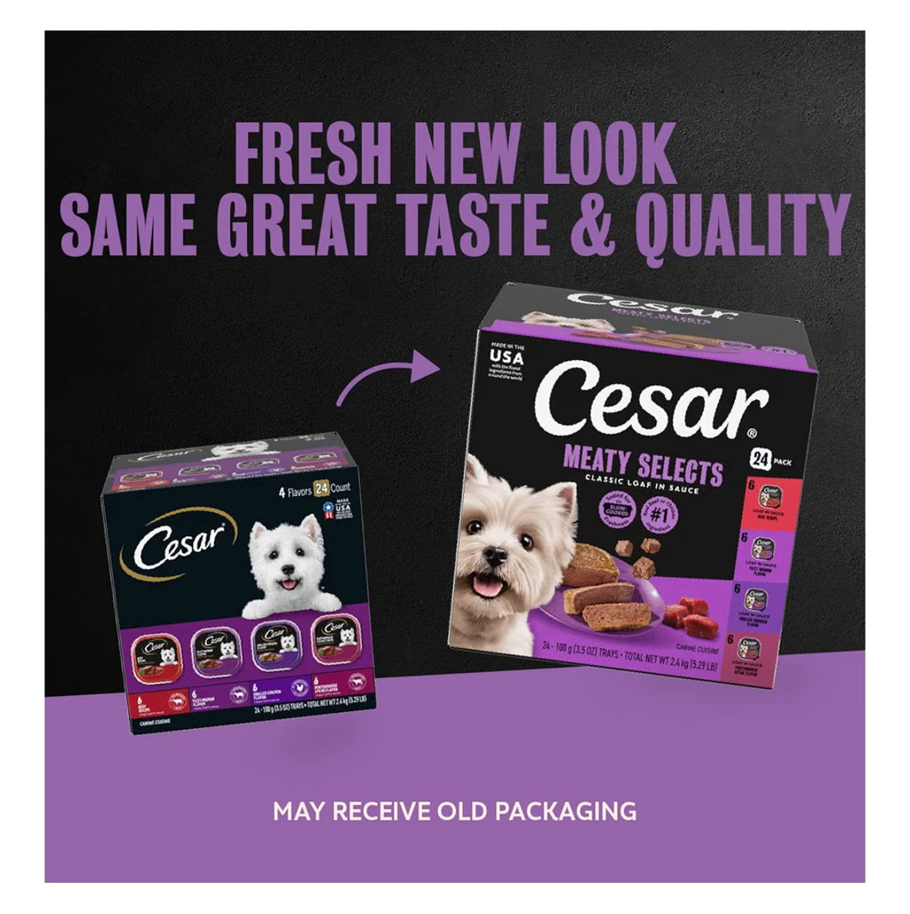 Cesar Classic Loaf in Sauce Wet Dog Food, Meaty Selects, 3.5 oz, 24 Count
Real beef or chicken #1 ingredient, no fillers or artificial flavors, slow-cooked, easy to digest, easy peel trays
