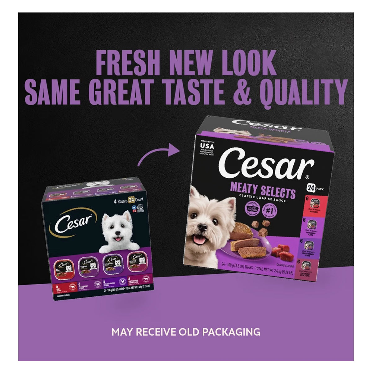 Cesar Classic Loaf in Sauce Wet Dog Food, Meaty Selects, 3.5 oz, 24 Count
Real beef or chicken #1 ingredient, no fillers or artificial flavors, slow-cooked, easy to digest, easy peel trays