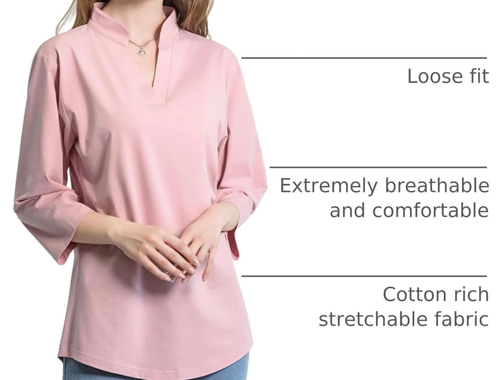 Tie G U Style Women's 3/4 Sleeve V Neck Stretch Loose Tunic Tops Casual Cotton Blouse Henley Collared Breathable Work Shirt