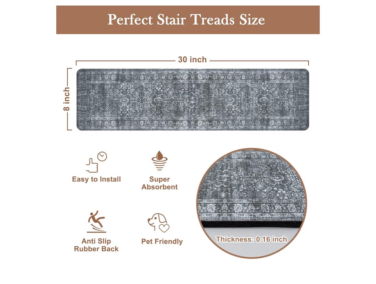 Vintage Stair Treads Non-Slip Stair Runner for Wooden Steps Indoor 15PCS 30"x8" Carpet Stair Treads Stair Mats Staircase Step Treads for Kids, Elders and Dogs, Stair Covers, Dark Gray