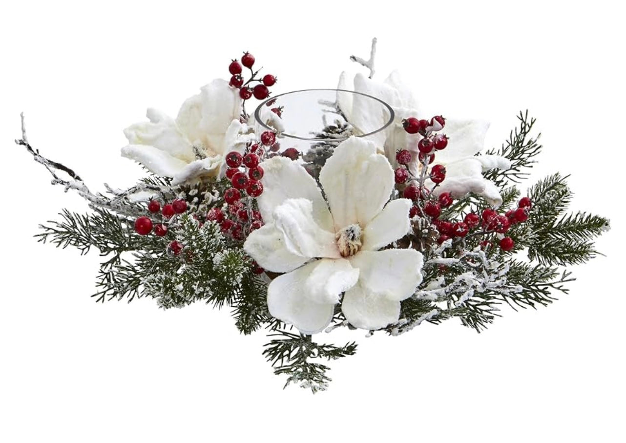 17” Frosted Magnolia and Berry Artificial Arrangement Candelabrum.