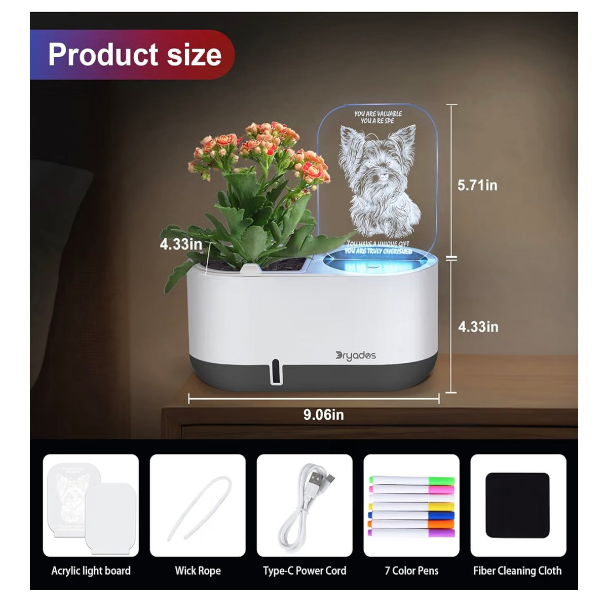 Self-Watering Plant Pot with LED Note Board & 7 Colors Pen, Led Acrylic Message Board with Plant Pot,Dog Board Night Light with Planting Pot