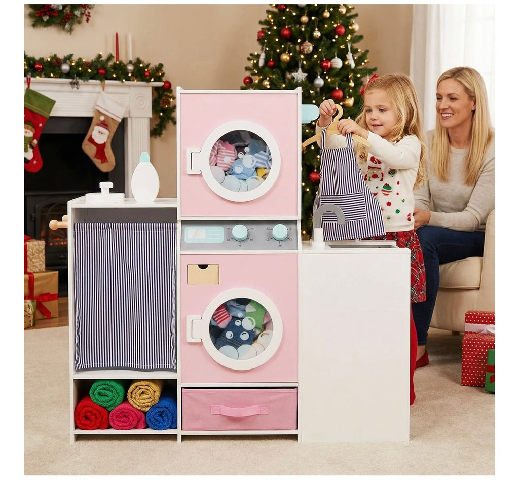 Wooden Kids Laundry Playset with Laundry Detergent Bottle and Clothes Hangers. Assembly Required.