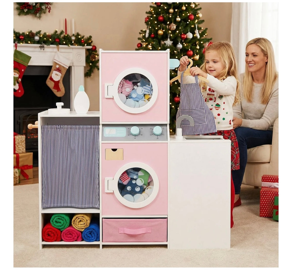 Wooden Kids Laundry Playset with Laundry Detergent Bottle and Clothes Hangers. Assembly Required.