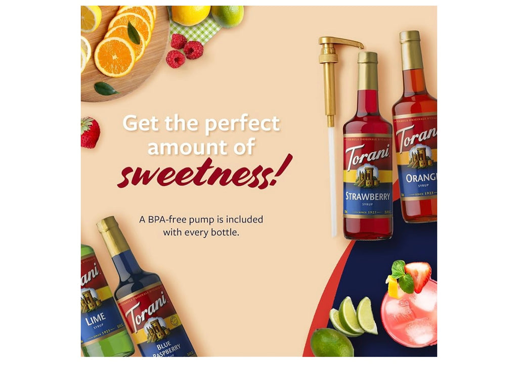 Torani Syrup, Soda Flavors 4-Pack, Pumps Included, 25.4 Fl Oz Ea
Blue Raspberry, Lime, Strawberry & Orange Flavoring for Dirty Sodas, Iced Tea & Italian Sodas. Best by October 2027.